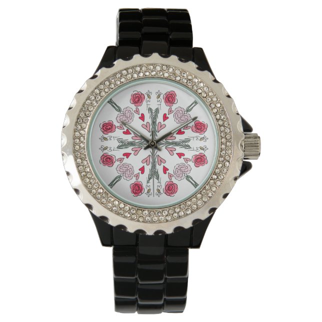 Kute harten bijen Rozen Romantic Floral Doodles Horloge (Voorkant)