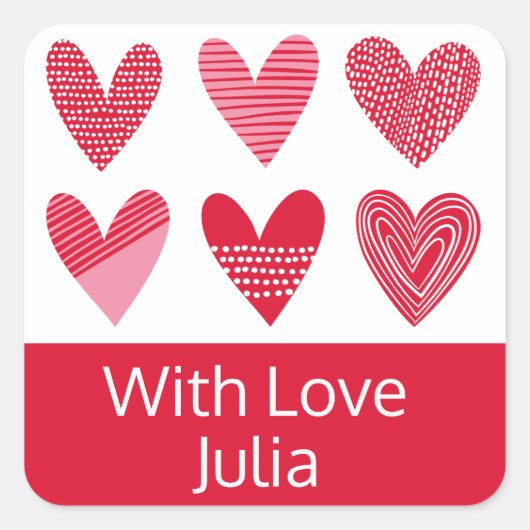 Kute harten in rood en roze met tekst vierkante sticker (Voorkant)