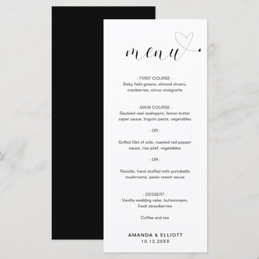 Kute Heart Black en White Simple Wedding Menu (Voorkant / Achterkant)