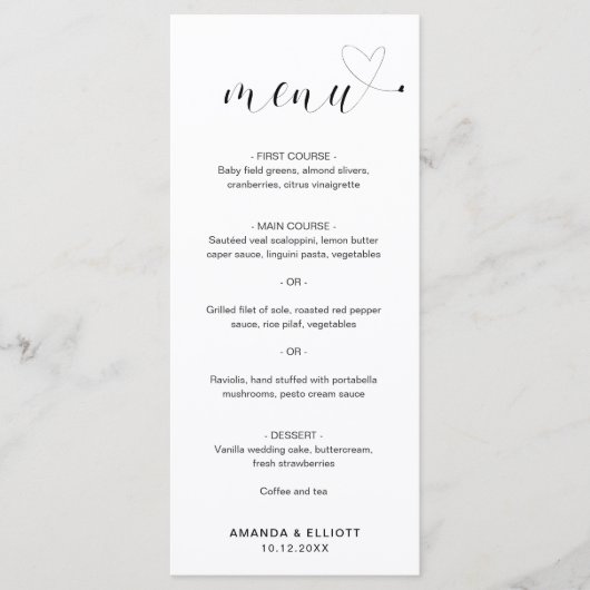 Kute Heart Black en White Simple Wedding Menu (Voorkant)