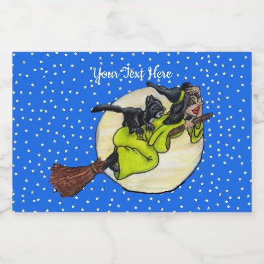 Kute heks Green Dress op Broom Cat Moon Stars Voedselcontainer Etiket (Enkel label)