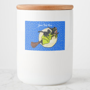 Kute heks Green Dress op Broom Cat Moon Stars Voedselcontainer Etiket