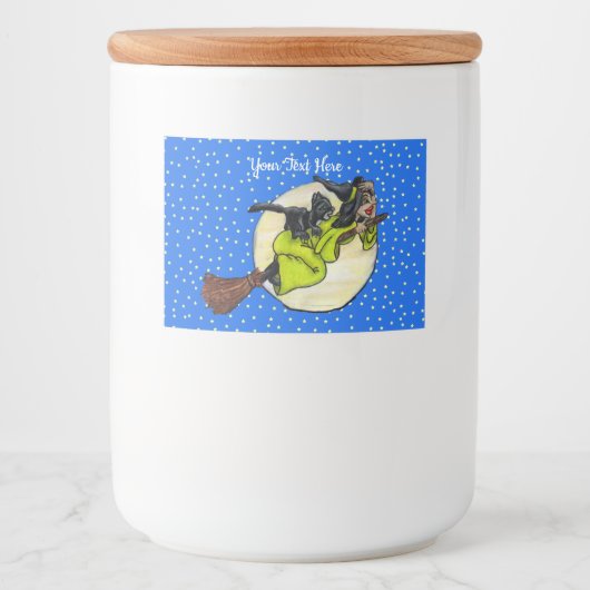 Kute heks Green Dress op Broom Cat Moon Stars Voedselcontainer Etiket (Voorkant)