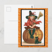 Kute heks zit op een pompoen met zwarte kat briefkaart (Voorkant / Achterkant)