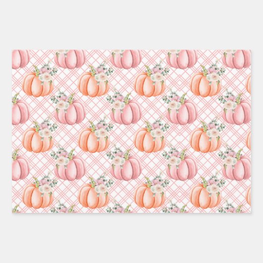 Kute Herfst Zachte roze en Oranje pompoenen Inpakpapier Vel (Voorkant 3)