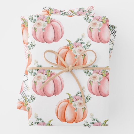 Kute Herfst Zachte roze en Oranje pompoenen Inpakpapier Vel (In situ)