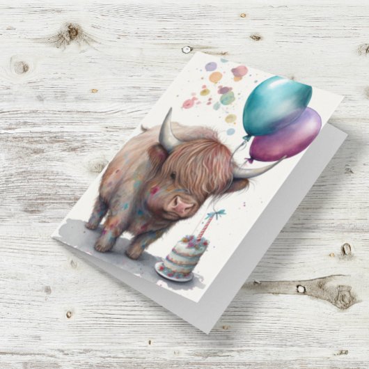 Kute Highland Koe Waterverf Birthday-ballonnen Kaart