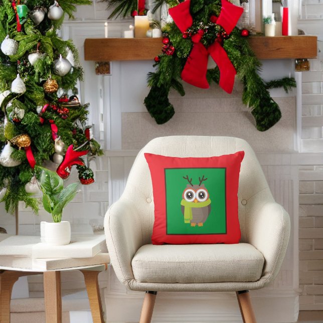 Kute Holiday Owl on Green and Red Kussen (Creator heeft geüpload)