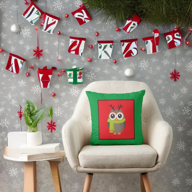 Kute Holiday Owl op rood en groen Kussen (Creator heeft geüpload)