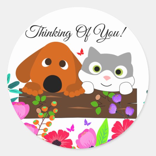 Kute hond en kat met bloemen en vlinder ronde sticker (Voorkant)