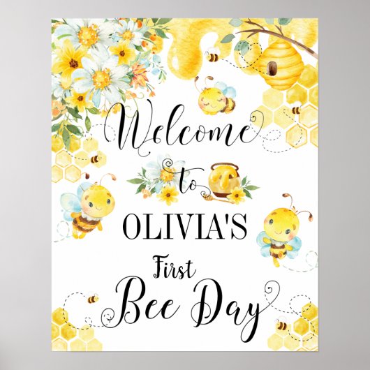 Kute Honey Bees First 1st Birthday Welcome Sign Poster (Voorkant)
