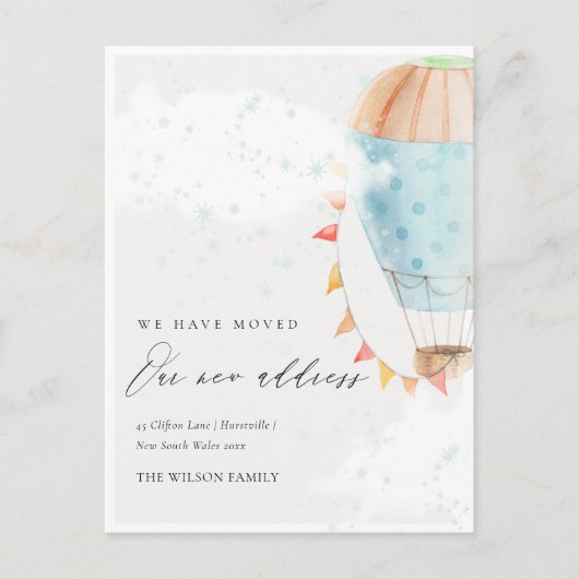 Kute Hot Air Ballon Clouds Stars We hebben verhuis Briefkaart (Voorkant)