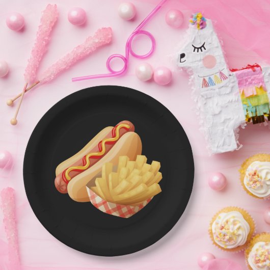 Kute hotdogs en friet papieren bordje (Feest)