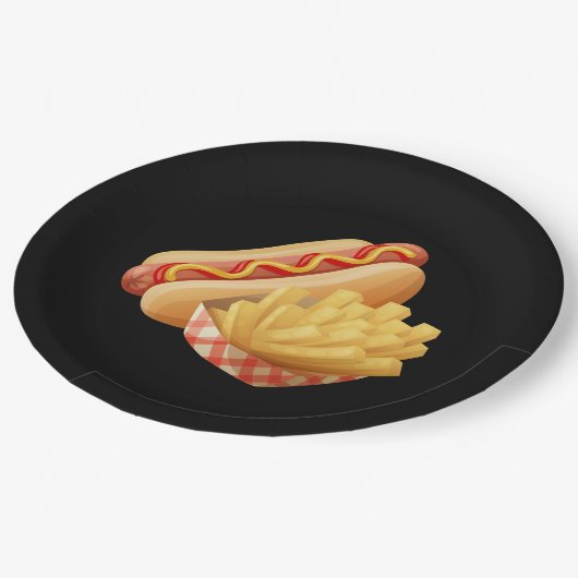 Kute hotdogs en friet papieren bordje (Gekanteld)