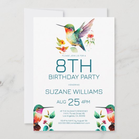 Kute Hummingbird Birthday Party Invitation Kaart (Voorkant)