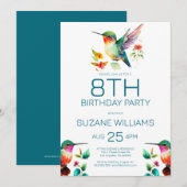 Kute Hummingbird Birthday Party Invitation Kaart (Voorkant / Achterkant)