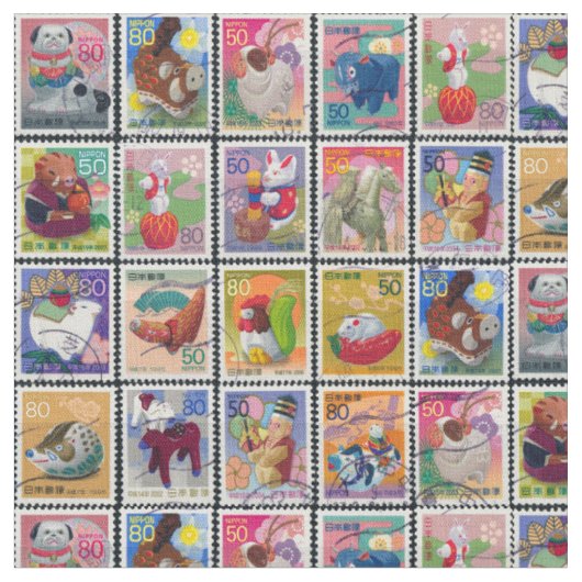 Kute Japan Year of Animal Stamps Pattern Stof (Close Up)
