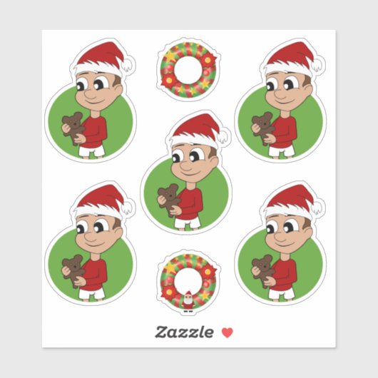 Kute jongen met een teddybeer Kerst sticker (Vel)