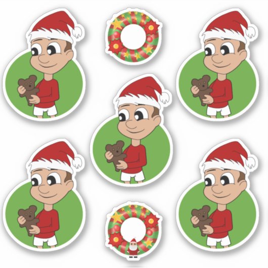 Kute jongen met een teddybeer Kerst sticker (Voorkant)