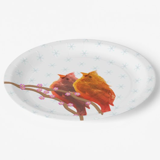 Kute kardinale vogels en sneeuwvlokken papieren bordje (Gekanteld)