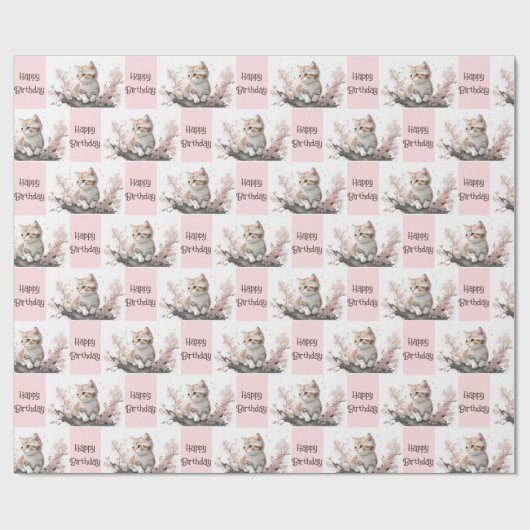 Kute Kat in roze bloemen Cadeaupapier (Vlak)