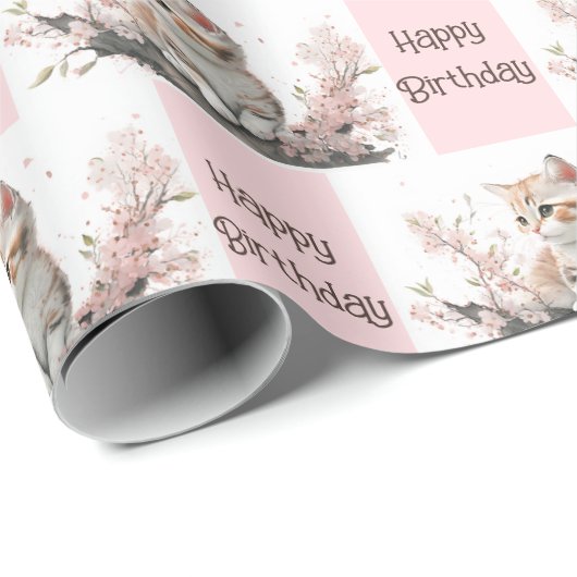 Kute Kat in roze bloemen Cadeaupapier (Rol Hoek)