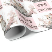 Kute Kat in roze bloemen Cadeaupapier (Rol Hoek)