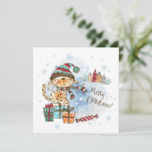 Kute kat watercolor kerstkaart kaart (Staand voorkant)