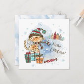 Kute kat watercolor kerstkaart kaart (Voorkant / Achterkant in situ)