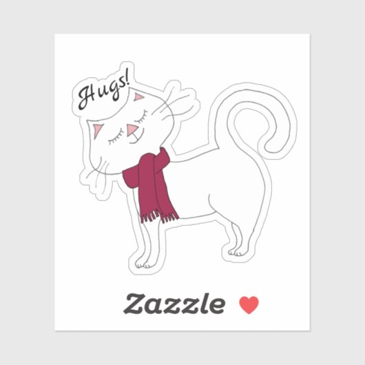 Kute Kat White Cat Red Scarf Hugs Sticker (Vel)
