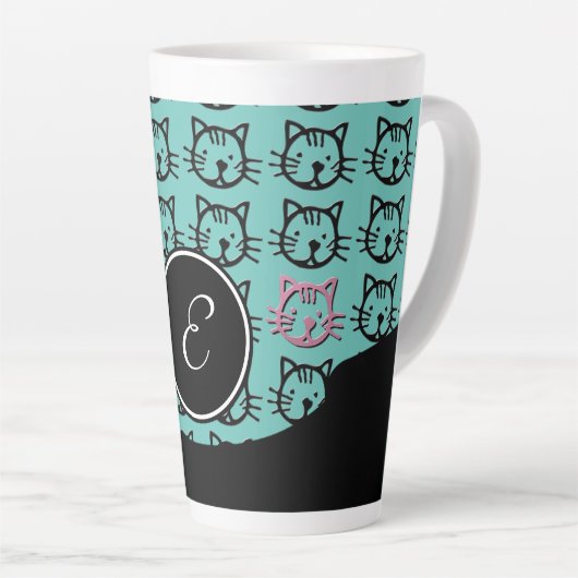 Kute Kat (zwart, blauwgroen en roze) Latte Mok (Rechterhoek)