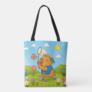 Kute Kawaii Capybara Gepersonaliseerde Naam Boodsc Tote Bag