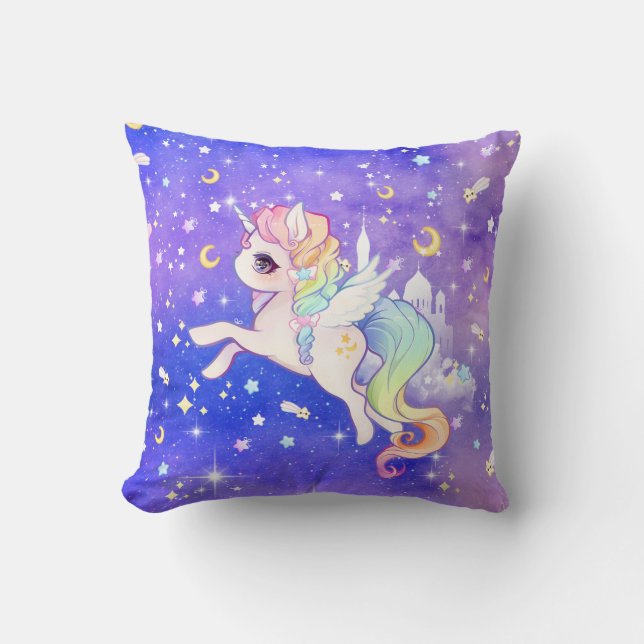Kute kawaii pastel unicorn met manen en sterren kussen (Voorkant)