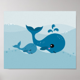 Kute kawaii walvissen zwemmen in zachte blauwe gol poster