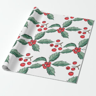 Kute kerst Holly Leaves en Berries Cadeaupapier