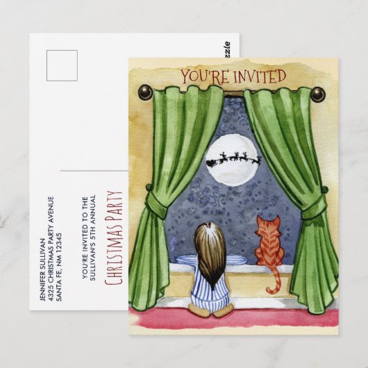 Kute kerstavond Waterverf Kat en Keukenkat Briefkaart (Voorkant / Achterkant)