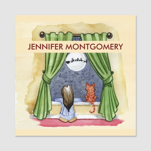 Kute kerstavond Waterverf Kat en Keukenkat Naamplaatje (Voorkant)