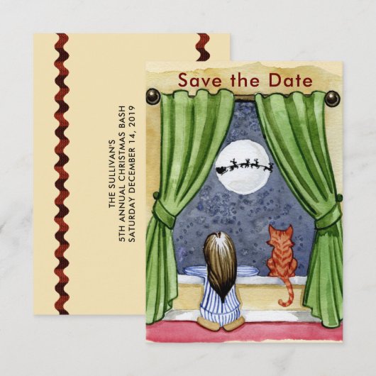 Kute kerstavond Waterverf Kat en Keukenkat Save The Date (Voorkant / Achterkant)