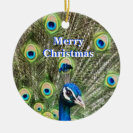 Kute kerstblauwe pauw, vogel & kalligrafie keramisch ornament