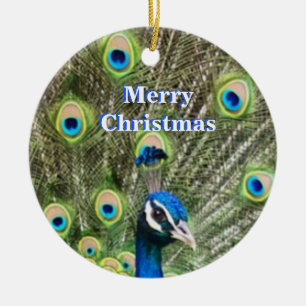 Kute kerstblauwe pauw, vogel & kalligrafie keramisch ornament