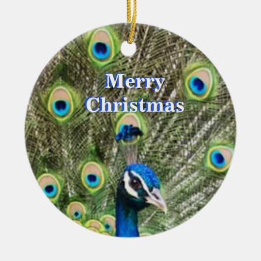 Kute kerstblauwe pauw, vogel & kalligrafie keramisch ornament (Voorkant)