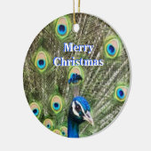Kute kerstblauwe pauw, vogel & kalligrafie keramisch ornament (Links)