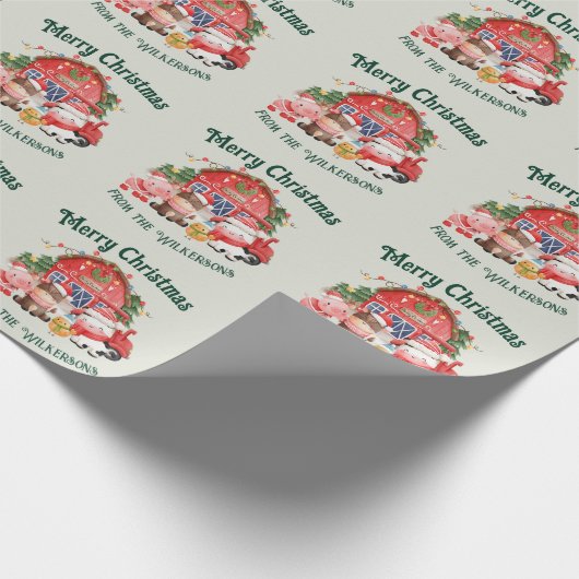 Kute kerstboerderijdieren op Sage Green Cadeaupapier (Hoek)