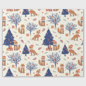 Kute kerstbomen Giften sterren Fox Blue White Cadeaupapier (Vlak)