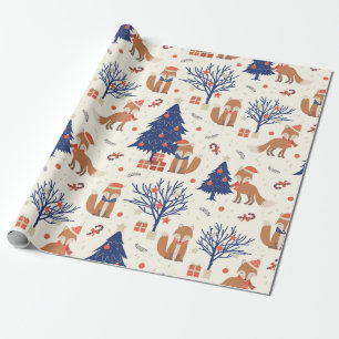 Kute kerstbomen Giften sterren Fox Blue White Cadeaupapier