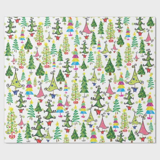 Kute kerstbomen Green Whimsical Illustration Cadeaupapier (Vlak)