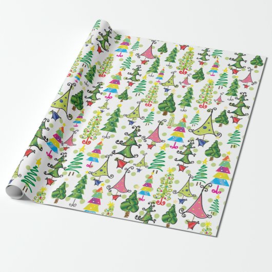 Kute kerstbomen Green Whimsical Illustration Cadeaupapier (Uitgerold)