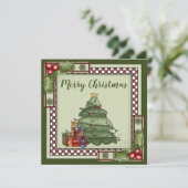 Kute kerstboom, cadeautjes, heilige kerst feestdagenkaart (Staand voorkant)
