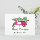 Kute kerstboom en rode scooter feestdagenkaart (Staand voorkant)
