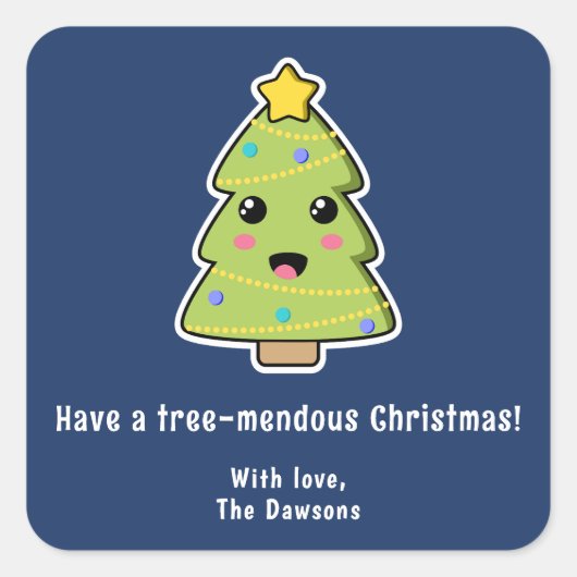 Kute kerstboom Funny Tree Mendous Navy Vierkante Sticker (Voorkant)